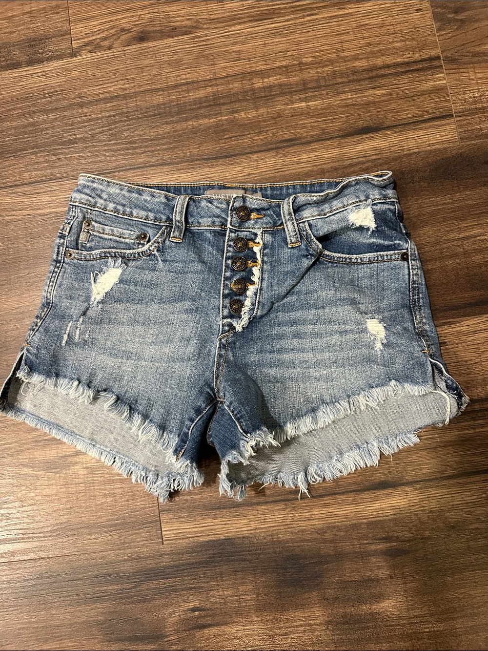 Just USA Distressed Light Blue Denim Button-Front Shorts